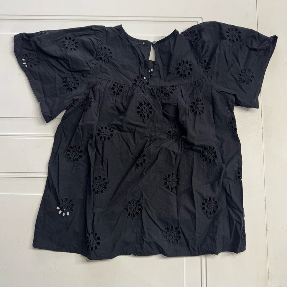 Madewell Women’s Sz XS Black Embroidered Floral Flutter Ruffle Sleeve Top Blouse - Picture 7 of 7